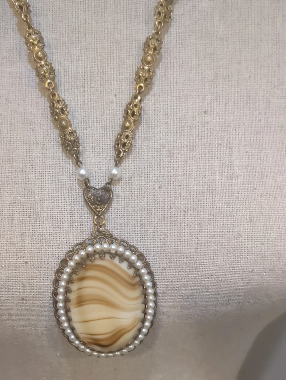 Vintage Gold Tone Western Germany Filigree Necklace With Faux Pearls